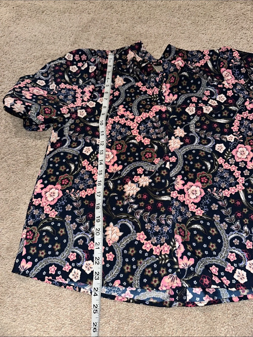 LOFT Navy Floral Peasant Blouse with Pink Flowers